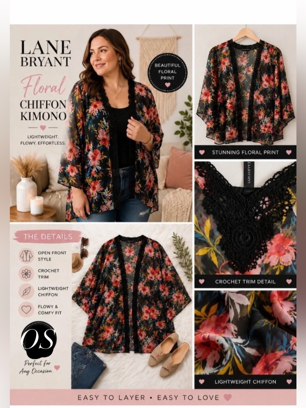 Lane Bryant Black Floral Chiffon Kimono Cover Up OS NWT